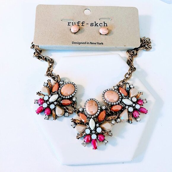 Ruff-Skch Statement Necklace & Earrings Set Multi-Color Gemstones & Rhinestones - Picture 1 of 2